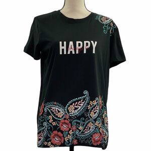 STRADIVARIUS Black Paisley Happy Graphic T-shirt L